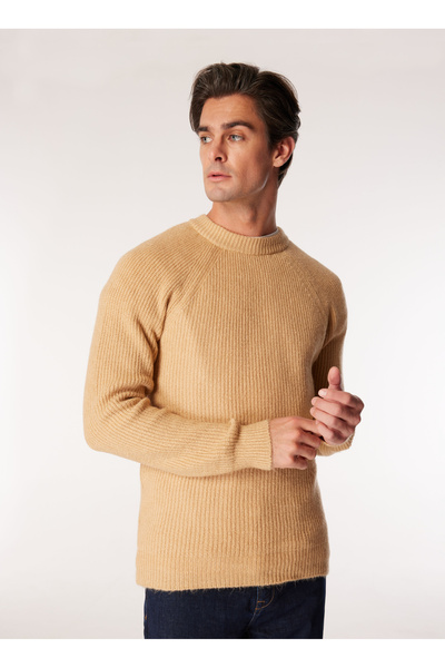 Fabrika Bisiklet Yaka Relaxed Düz Deve Tüyü Erkek Kazak F4WM-KZK 2598