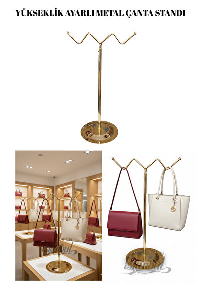 Manken İstanbul Ayarlanabilir Gold Kaplama Çanta Standı Çanta Teşhir Standı Mağaza Çanta Standı