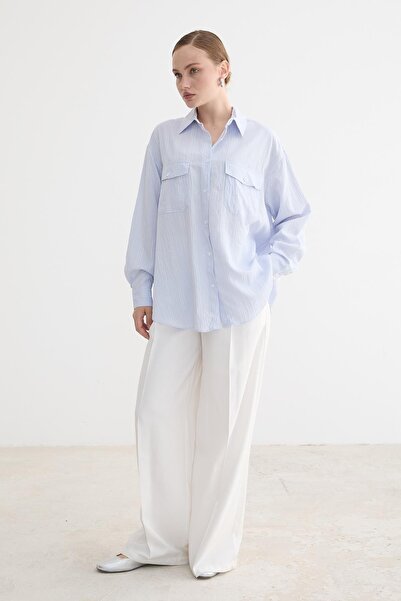 LEVURE Buttoned Front Oversized Viscose Shirt Blue