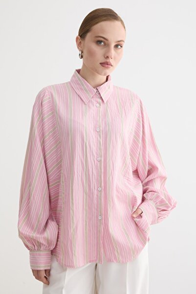 LEVURE Buttoned Front Striped Oversize Shirt Pink