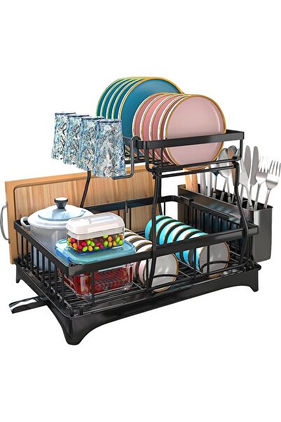 COOYA Utensil Racks, 2-Tier Dish Rack with Drainboard and Dryer Mat, Detachable Large Capacity