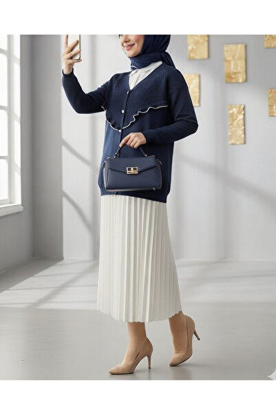 Modamorfo Front Ruffled Pearl Buttoned Knitwear Cardigan - Indigo