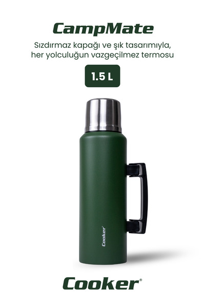 Cooker 1.5 Litre Çift Katlı Çelik Termos-24 Saat Sıcak, 48 Saat Soğuk, Kulplu (Kamp, Piknik, Ofis, Seyahat)