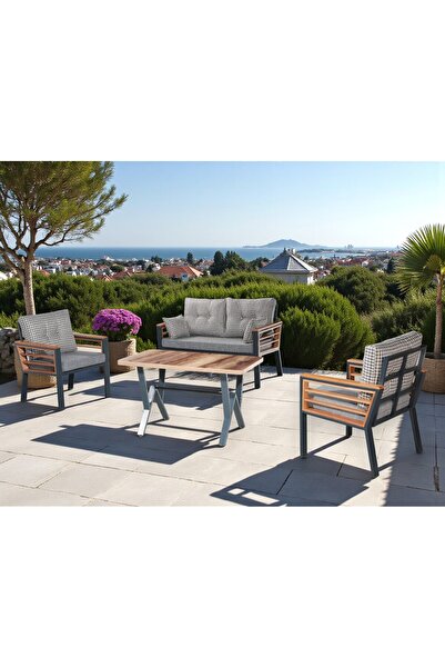 Tu Tienda AHŞAP KOL DETAYLI PAPATYA 2+1+1+MASA(70*120) BAHÇE BALKON MUTFAK TA...