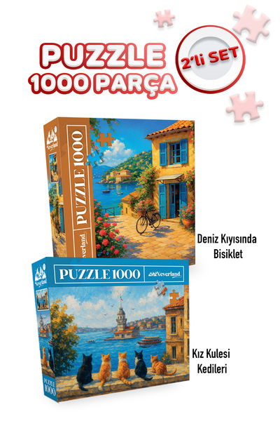 Neverland 2 ADET 1000 PARÇA PUZZLE - KIZ KULESİ KEDİLERİ VE DENİZ KIYISINDA BİSİKLET