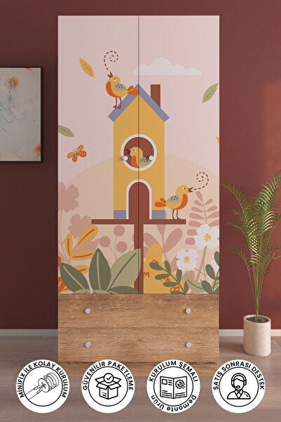 Hediyeler Kapında Çocuk Odası 2 Kapaklı Lovely Sparrows gardırop 5 Raflı 2 Çe...