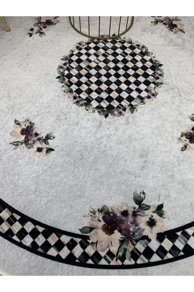 Brillant Gri Renk Siyah Damalı Saçaksız Yuvarlak Lateks Halı 150x150