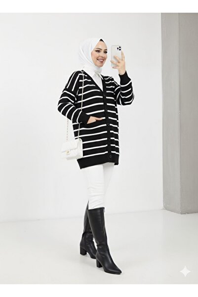 Modamorfo Striped Buttoned V-Neck Knit Cardigan -Black
