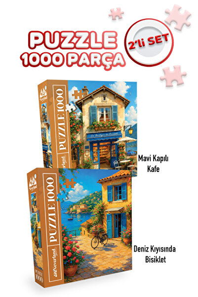 Neverland 2 ADET 1000 PARÇA PUZZLE -MAVİ KAPILI KAFE VE DENİZ KIYISINDA BİSİKLET