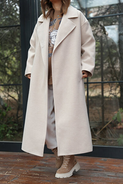 Laluvia Lazac ujjú öv részletes halszálkás öves hosszú pehelykabát-54471