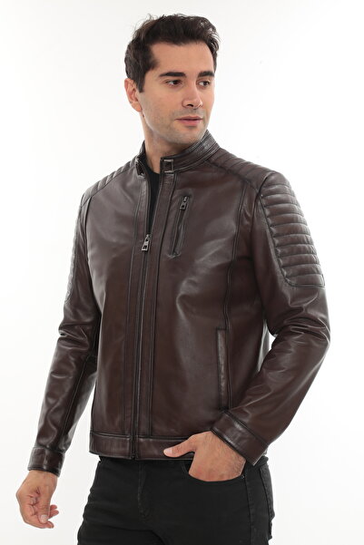 db deriburada original نموذج راكب الدراجة النارية للرجال معطف جلد طبيعي بني