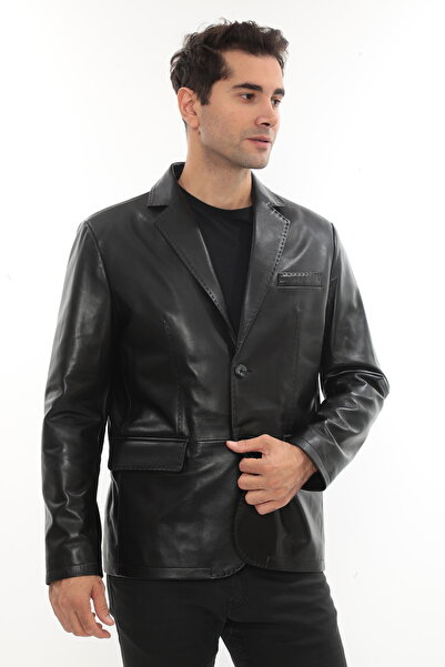 db deriburada original Erkek Siyah Hakiki Deri Blazer Ceket