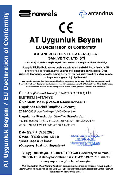 Rawels Çift Kişilik Antrasit Elektrikli Battaniye 155 X 115 Cm