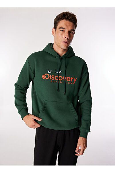 Discovery Expedition Koyu Yeşil Erkek Kapüşon Yaka Loose Fit Nakışlı Sweatshi...