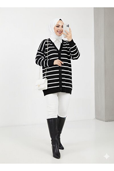 Modamorfo Striped Buttoned V-Neck Knit Cardigan -Black