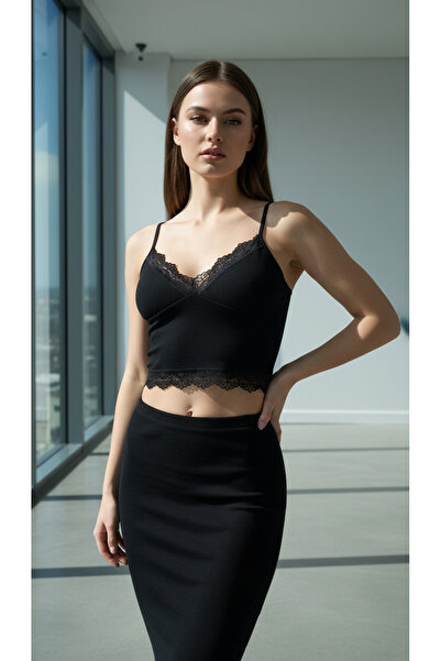 Fanwet Kadın Siyah Crop Askılı Dantelli Çıkarılabilir Pedli Büstiyer Bluz