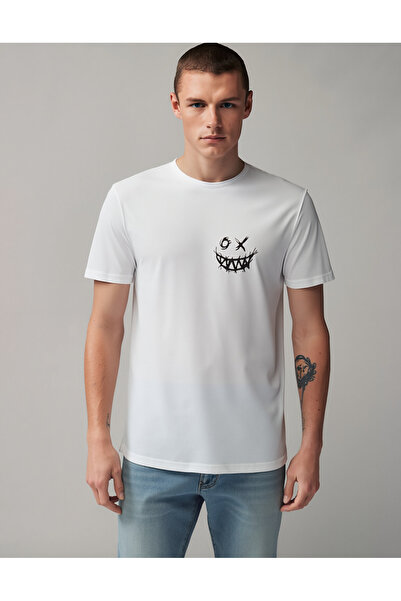 Hmd White Men's Slim Fit Printed Short Sleeve Crew Neck Cotton T-Shirt