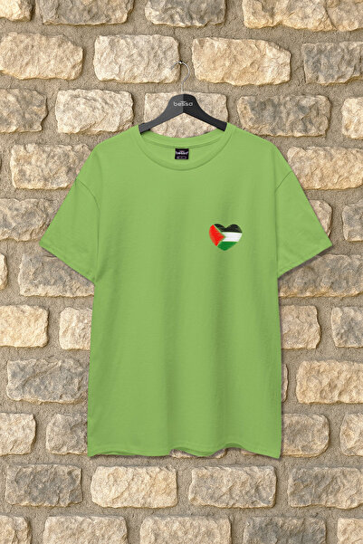 BESSA Palestine Flag Heart Printed Λευκό βαμβακερό μπλουζάκι Crew Neck Basic για γυναίκες Ανδρικά
