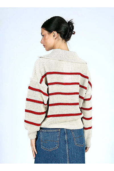 Lee Cooper Μπεζ-Κόκκινο Cop Γυναικείο πλεκτό πουλόβερ με γιακά πόλο