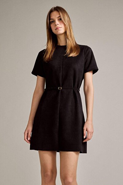 DeFacto Bisiklet Yaka Kemerli Kısa Kollu Mini Süet Elbise G2750AX25AU