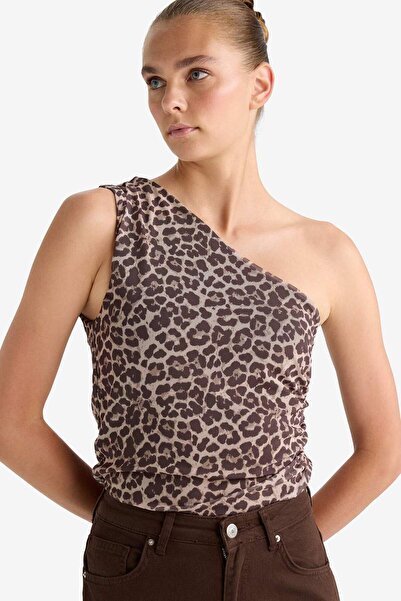 DeFacto Slim Fit Tight Fitting Leopard Print One Shoulder Tulle Blouse G2546Ax25Wn