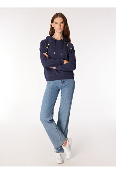 Fabrika Kapüşon Yaka Düz Lacivert Kadın Sweatshırt F4WL-SWT0221