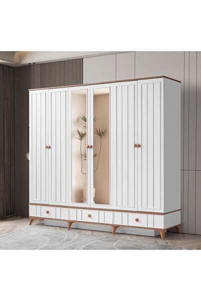beenal Sıla 6 Kapaklı Gardırop Çekmeceli Dolap 230cm. Beyaz-A.Çam