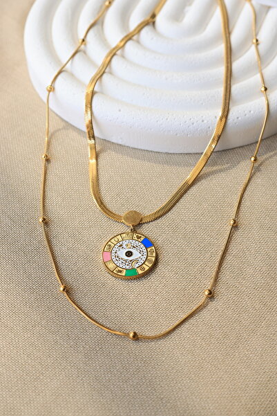 FİRST JEWELRY İkili Kombin İtalyan Zincirli Çelik Gold Göz Tılsım Kolye