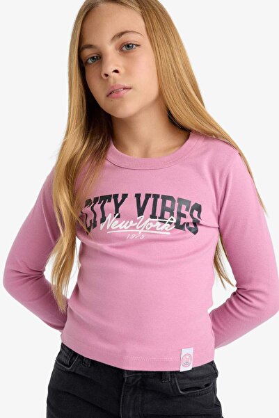 DeFacto Κοριτσίστικο μακρυμάνικο μπλουζάκι με λεπτή εφαρμογή, λεπτή εφαρμογή, λαιμόκοψη ποδηλάτου, εμπριμέ καμιζόλα C7465A825AU