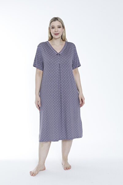 Cotpark Plus Size Viscose Elastane Fabric Lace Short Sleeve Patterned Nightgown 12082