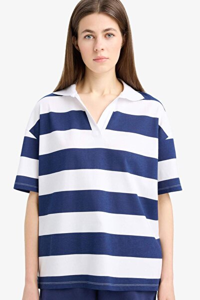 DeFacto Tricou cu mânecă scurtă din bumbac pieptănat cu dungi, cu guler polo,...