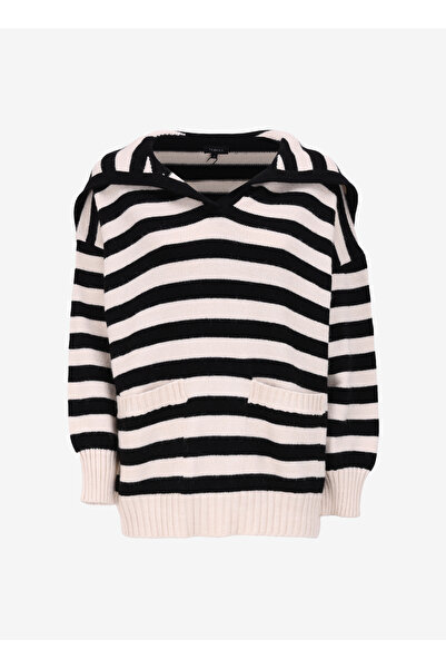 Fabrika Siyah - Beyaz Kadın Geniş Oversize Çizgili Kazak F4WL-KZK0664