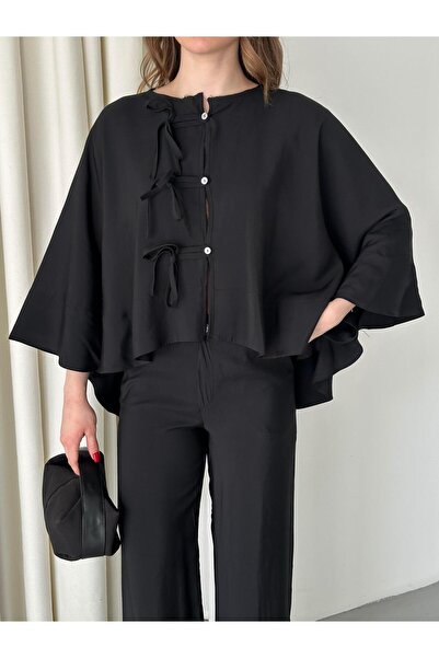 Laluvia Black Batwing Sleeve Lace Button Detailed Suit