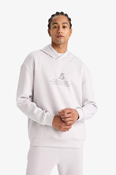 DeFacto Defactofit Nba Los Angeles Lakers Boxy Fit Hooded Scuba Diver Fabric Back Printed Sweatshirt F387