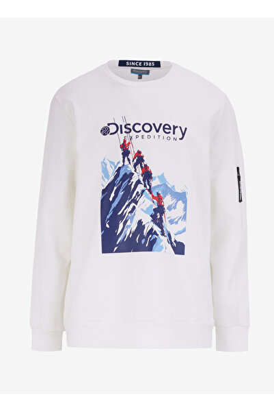 Discovery Expedition Kırık Beyaz Erkek Bisiklet Yaka Relaxed Fit Baskılı Swea...