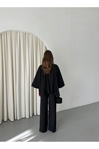 Laluvia Black Batwing Sleeve Lace Button Detailed Suit