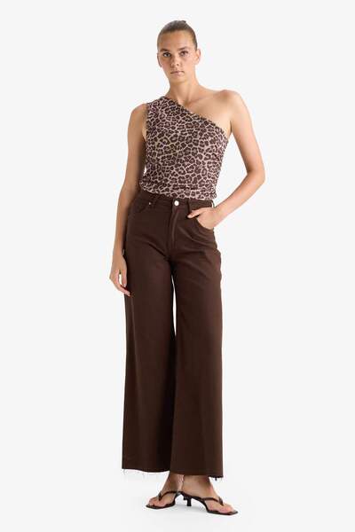 DeFacto Slim Fit Tight Fitting Leopard Print One Shoulder Tulle Blouse G2546Ax25Wn