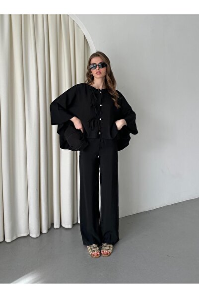 Laluvia Black Batwing Sleeve Lace Button Detailed Suit