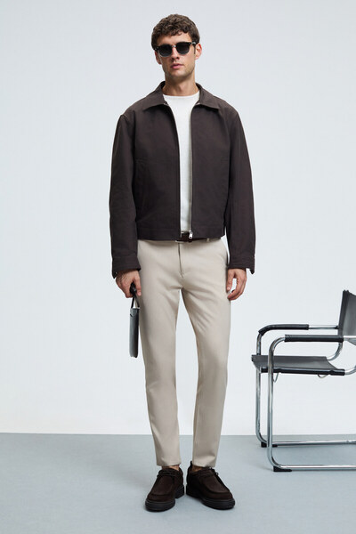 GRIMELANGE Crudo Men's Regular Fit Woven Beige Trousers with Side and Back Pockets and Zipper
