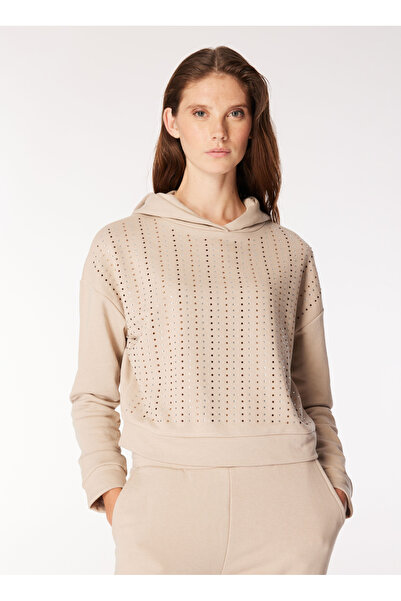 FABRIKA COMFORT Bej Kadın Kapüşonlu Rahat Kalıp Taşlı Sweatshirt FC4WL-SWT0312