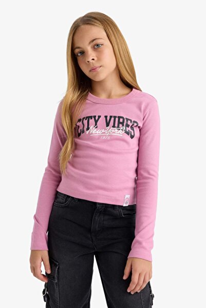 DeFacto Κοριτσίστικο μακρυμάνικο μπλουζάκι με λεπτή εφαρμογή, λεπτή εφαρμογή, λαιμόκοψη ποδηλάτου, εμπριμέ καμιζόλα C7465A825AU