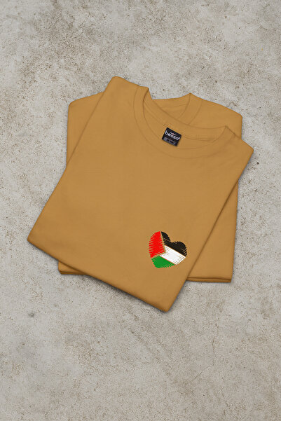 BESSA Palestine Flag Heart Printed Λευκό βαμβακερό μπλουζάκι Crew Neck Basic για γυναίκες Ανδρικά