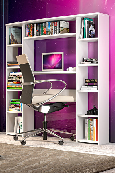 GOLDFALEZ Çalışma Masası 10 Raflı Kitaplık Raf Beyaz