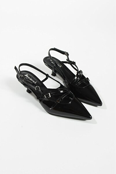 Seniorah Dudi Cherry Red - 5 Cm Buckle Black Patent Leather Stiletto Shoes