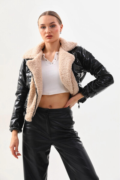 hazelin Γυναικείο κρεμ μαύρο λουστρίνι με επένδυση στο πλάι και ελαστική μέση, λούτρινο παλτό με λεπτομέρειες HZL24W-BRC129381