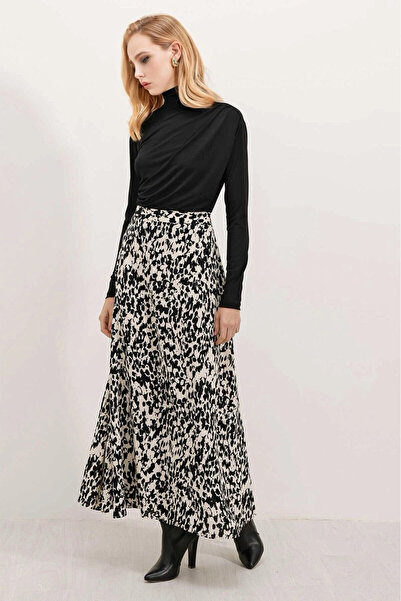 hazelin Жіноча кремова спідниця без підкладки з еластичним поясом і чорним візерунком, середньої довжини HZL24S-BD180031