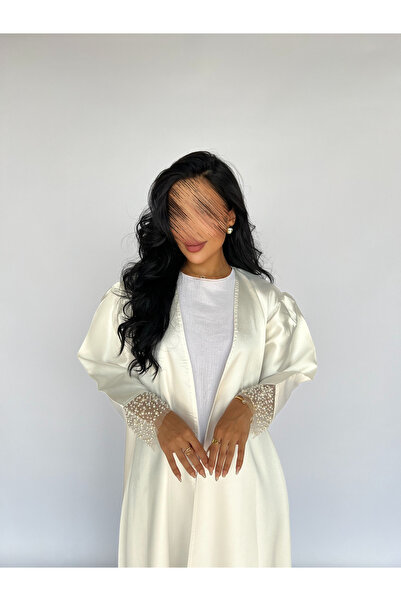 outline Luxurious white summer abaya decorated with pearls