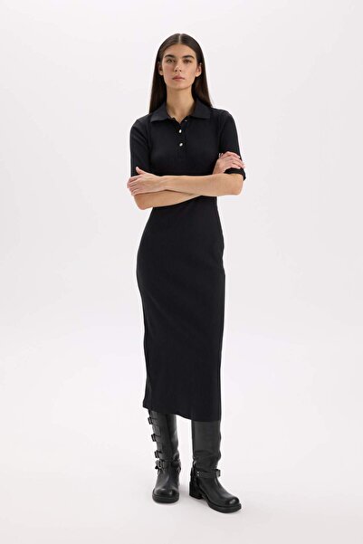 DeFacto Bodycon Vücudu Saran Polo Yaka Fitilli Kaşkorse Kısa Kollu Midi Elbise D8296AX25SP