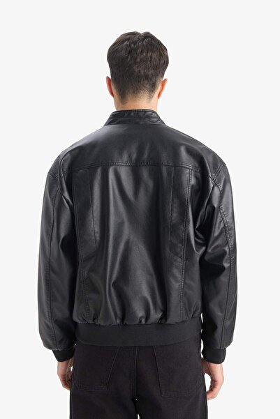 DeFacto Oversize Fit Geniş Kalıp Dik Yaka Fermuarlı Cepli Suni Deri Ceket Mont E8818AX25AU