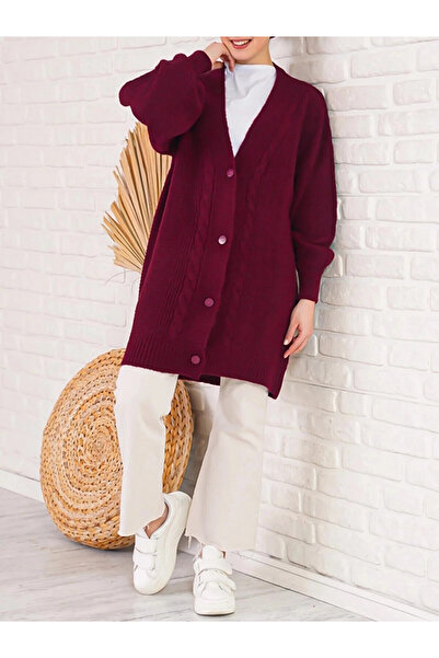 Bigdart Women's Burgundy Hair Knitted Pattern Long Buttoned Casual Cut Knitwear Cardigan HZL23W-BD1100691
